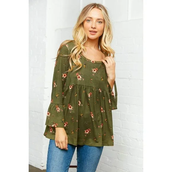 Olive Floral Bell Sleeve Babydoll Peplum Top - Picture 3 of 11